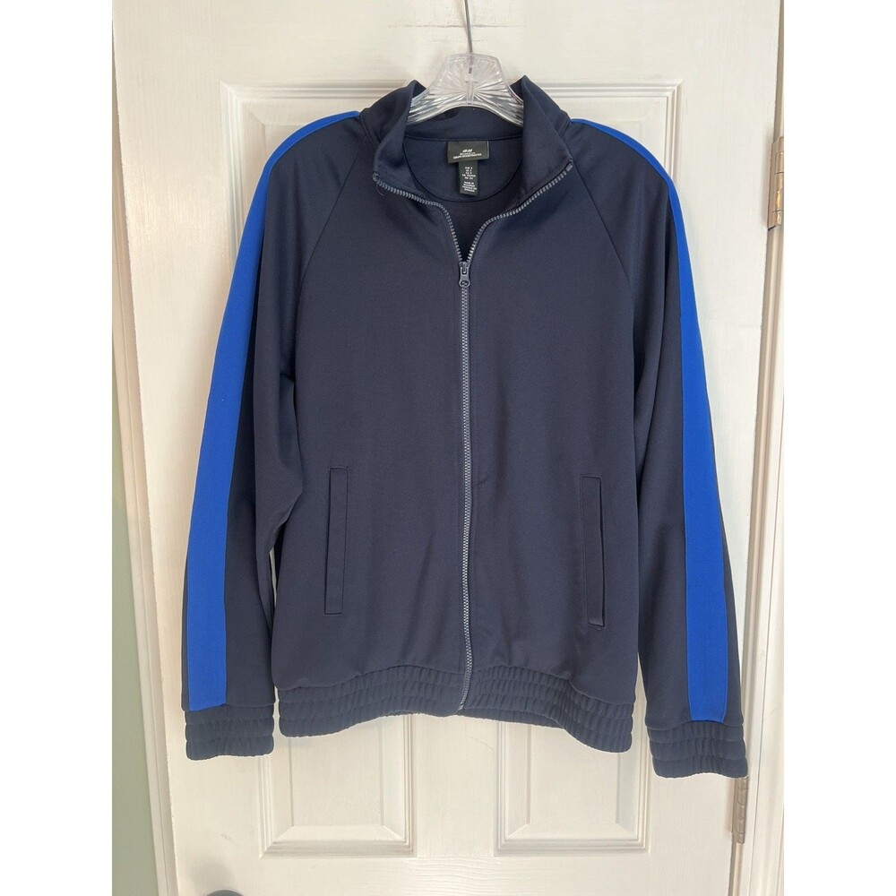 H&M Mens Small Full Zip Track Jacket Navy Blue Royal Blue Stripe Sleeve Pockets